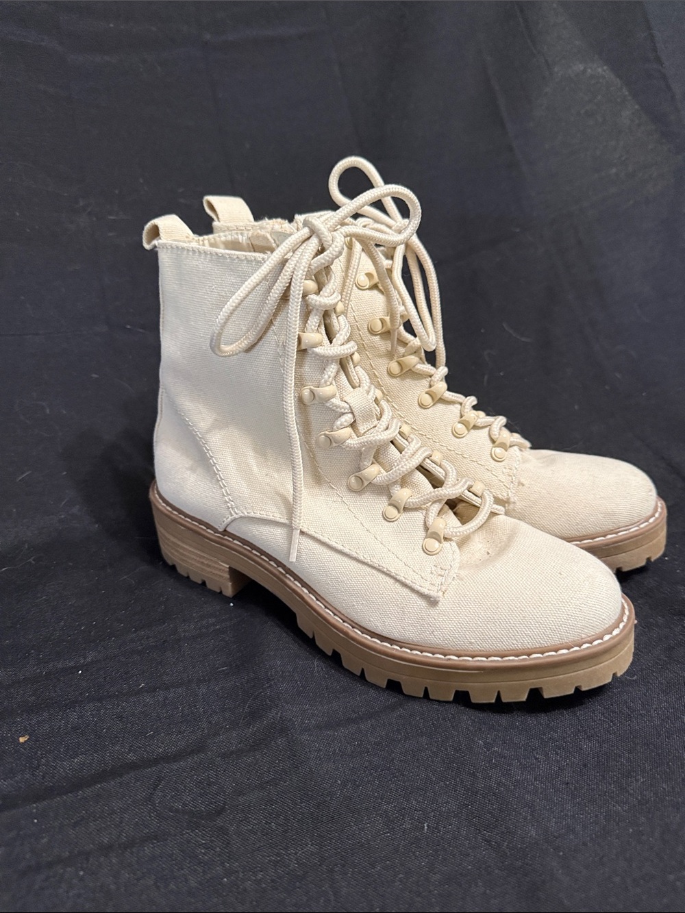 Women's Cream Lace-Up Canvas Boots with Lug Sole